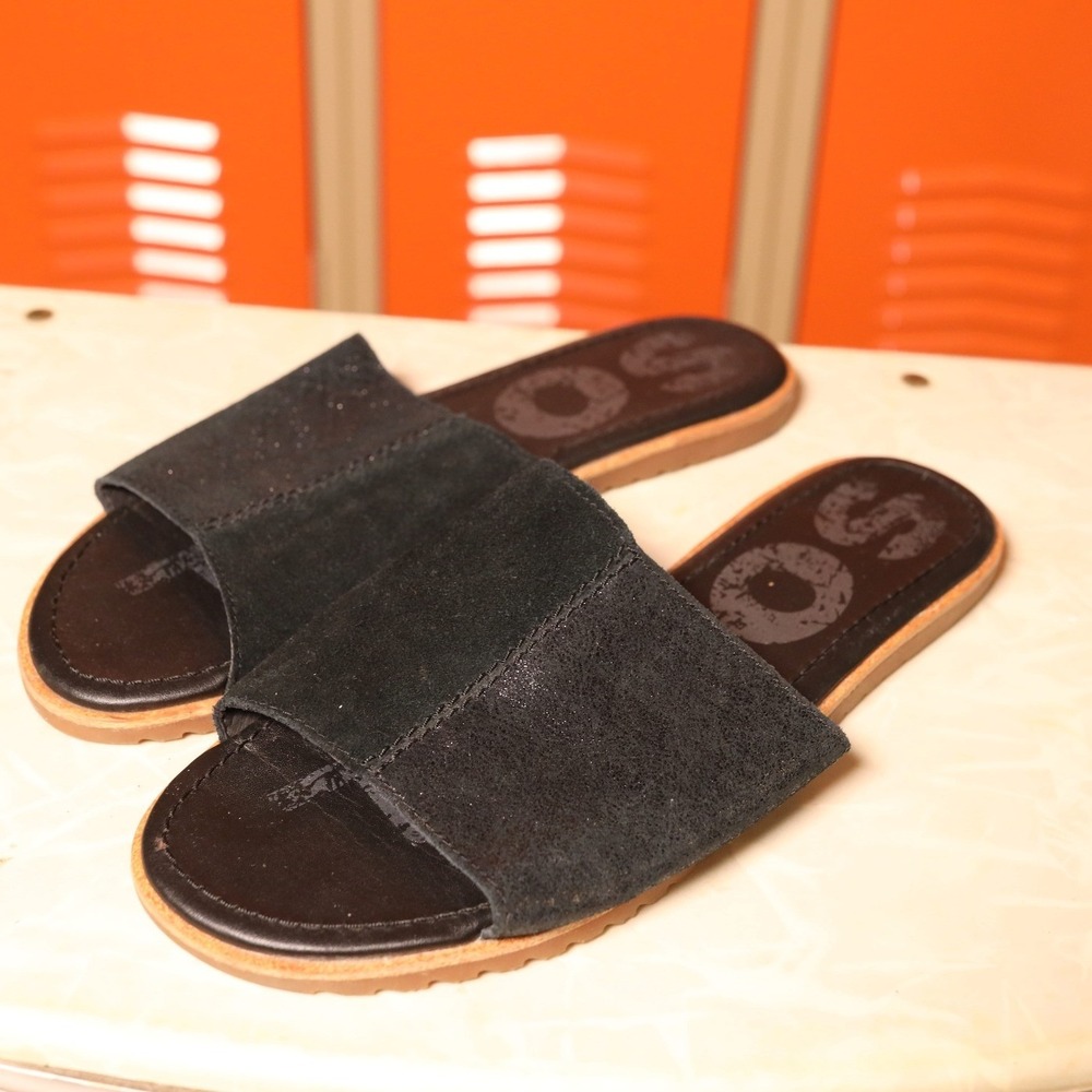 Sorel Ella Slide Black‎ Suede Metallic Flat Sandals Womens 8.5 NL3525-010